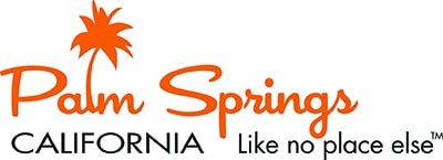 Logo with an orange palm tree silhouette above the words "Palm Springs" in orange cursive. "CALIFORNIA" is in black uppercase letters below, followed by "Like no place else™" in gray. Perfect for a cafe or wine bar inspired by the charm of Palm Springs.
