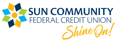 The image features the logo of Sun Community Federal Credit Union. The logo includes a colorful, abstract star shape with blue, yellow, and green segments beside the company's name in blue capital letters. Below, the phrase "Shine On!" is written in yellow cursive, reminiscent of Palm Springs' vibrant charm.