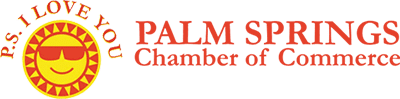 Logo for the Palm Springs Chamber of Commerce featuring a smiling sun wearing sunglasses with the text "PS. I LOVE YOU" around it on the left. On the right, in red font, are the words "PALM SPRINGS Chamber of Commerce," evoking a sunny day perfect for wine tasting or a chef's special dish.