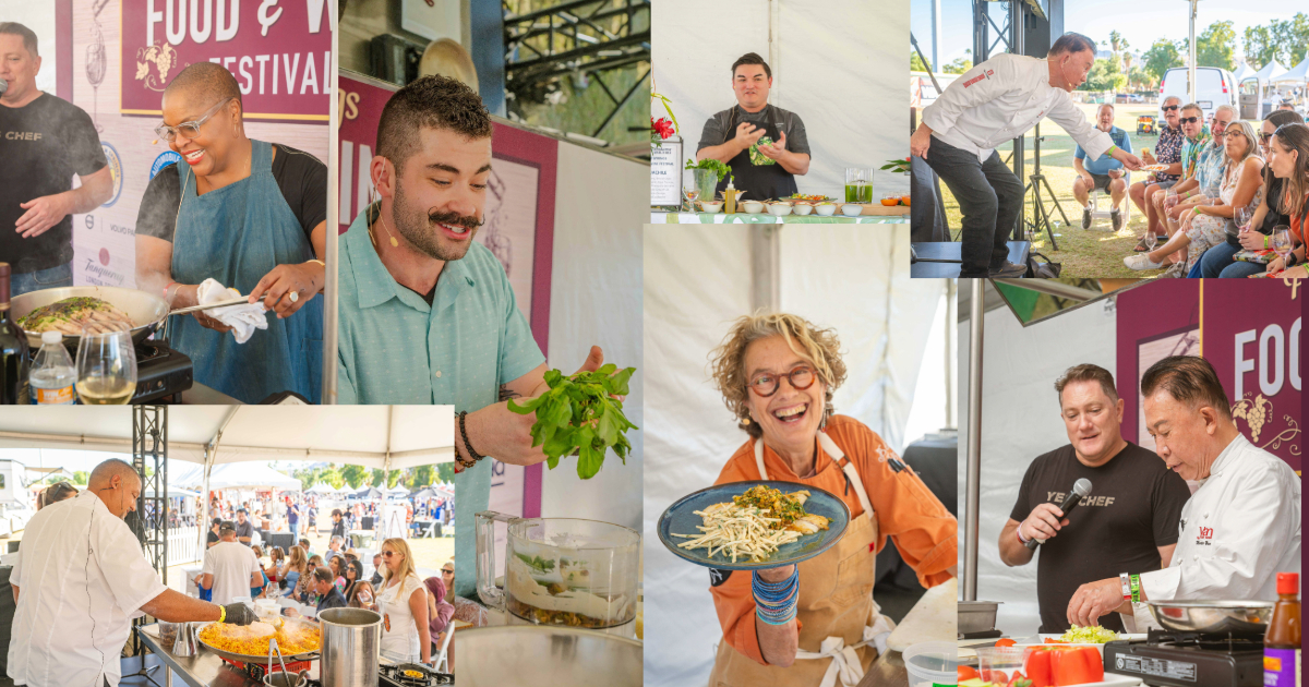 Collage of chefs at a gourmet food festival. Top left: Chef cooking on stage. Below: Outdoor cooking demo with crowd. Center: Chef holding herbs. Right: Interactive cover photo of chefs and audience enjoying wine. Bottom-left: Chefs cooking on stage. Center-bottom: Smiling chef with plate.