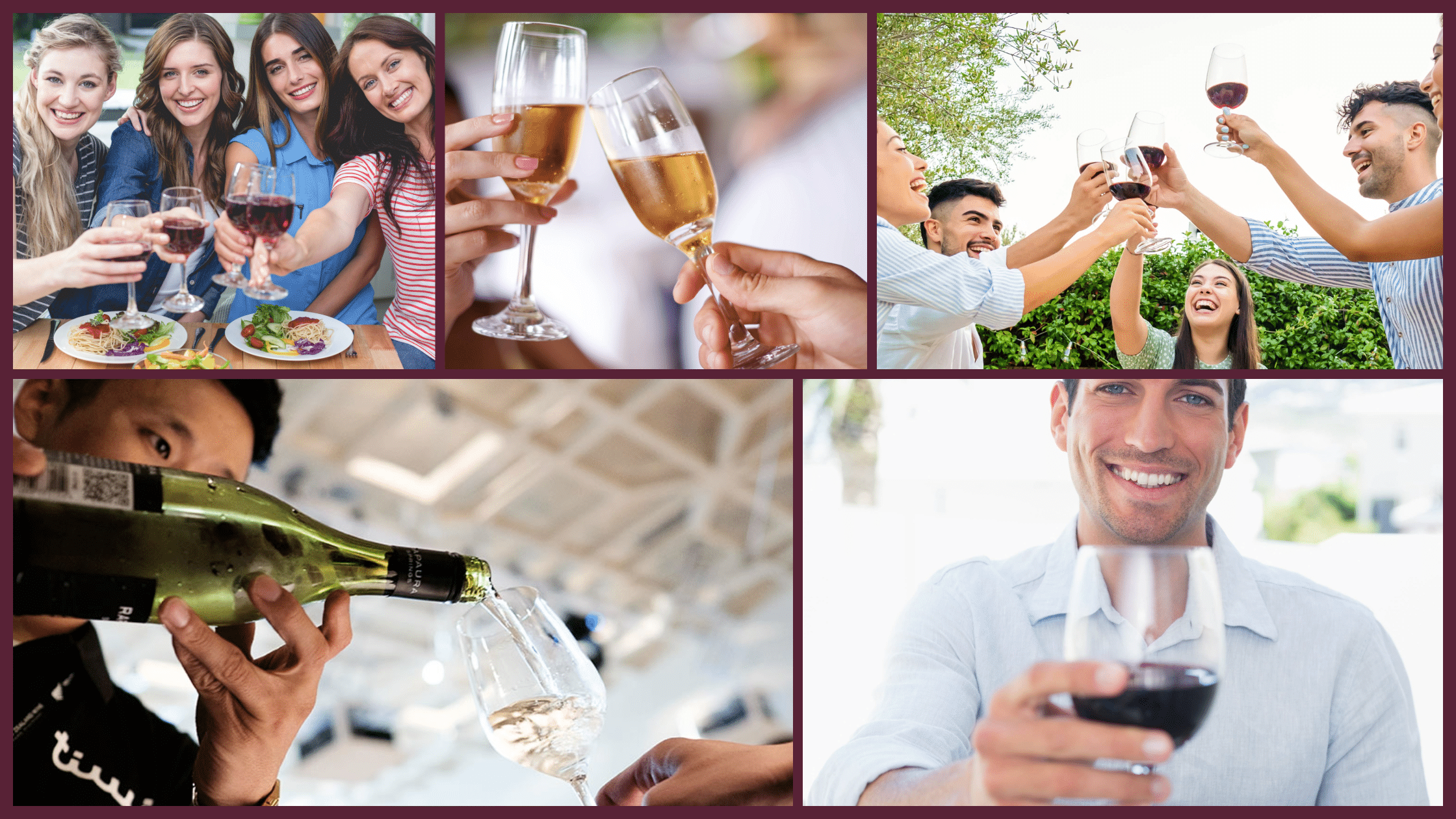 A collage of people enjoying drinks captures the spirit of Palm Springs. Top left: a group of friends with wine at a table. Top right: people clinking glasses outdoors. Bottom left: person pouring wine. Bottom right: smiling person holding a glass of red wine, as if cheering on a chef's masterpiece.