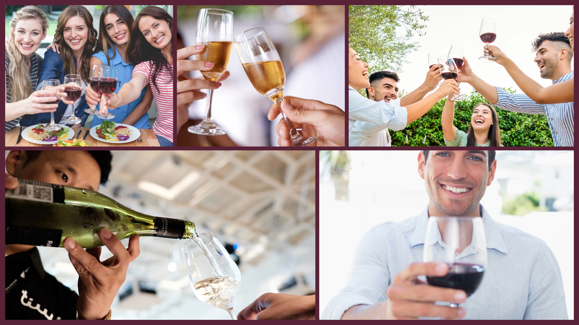 a collage of people holding wine glasses