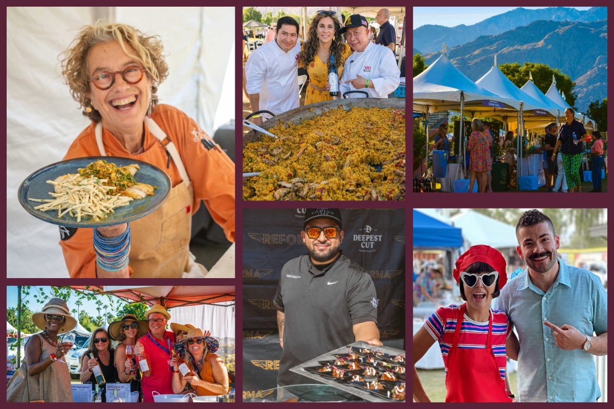 A collage of Palm Springs Food and Wine Festival scenes: a woman joyfully presents a dish, chefs pose with a large paella, a food stall is abuzz, a group enjoys wine, a man offers trays of appetizers, and two people smile in festive outfits under the sunny sky.